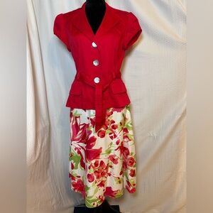 Studio I vintage 2 piece cotton short sleeve blouse & white skirt rose print 8